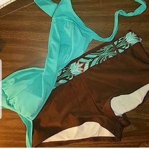 Brown and teal boyshort bikini.